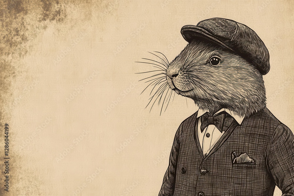 vintagestyle illustration of dapper muskrat wearing tweed flat cap and ...