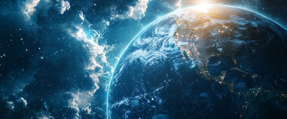 Wall Mural - A Celestial Dawn: Earth illuminated in the vastness of space, capturing the awe-inspiring view of our planet rising over a sea of clouds, with the sun's radiant glow illuminating the horizon.