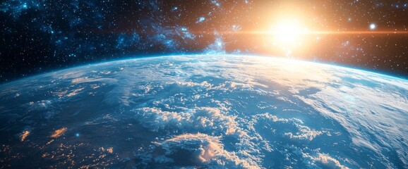 Wall Mural - a cosmic dawn: a breathtaking view of earth from space, with a vibrant sunrise illuminating the plan