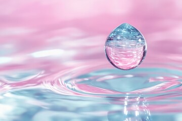 Poster - Elegant water droplet suspended over a vibrant surface reflecting hues of pink and blue in a calm setting. Generative AI