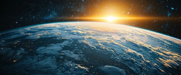Wall Mural - earth's dawn: a breathtaking view of planet earth from space, showcasing the sun rising over the hor