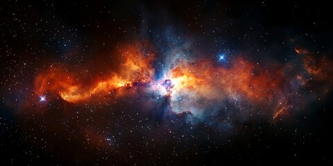 Wall Mural - Celestial Symphony: A breathtaking panorama unveils the splendor of a nebula, its radiant hues of orange, blue, and violet painting the cosmic canvas with awe-inspiring beauty.