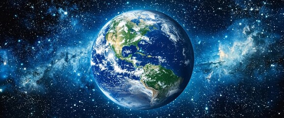 Wall Mural - Earth in the Cosmos: An awe-inspiring depiction of our planet, Earth, suspended against a backdrop of a vibrant nebula and glittering stars, conveying the vastness and beauty of the cosmos. 