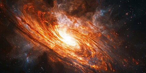 Wall Mural - Cosmic Vortex: Captivating depiction of a celestial swirl, showcasing a galactic nebula with vibrant orange hues and swirling patterns. The image evokes a sense of wonder, mystery.