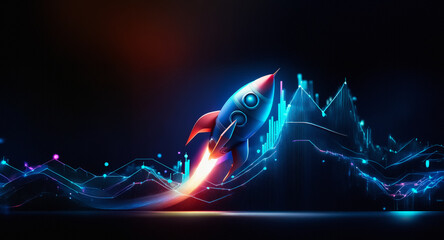 Poster - Futuristic rocket takes off against a backdrop of glowing neon graphs. Bright trails and digital lines suggest technological advancement and upward momentum.