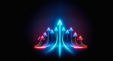 Fototapete - Neon arrows illuminate a dark backdrop, pointing upwards with vibrant blue and red hues, symbolizing forward direction and progress.