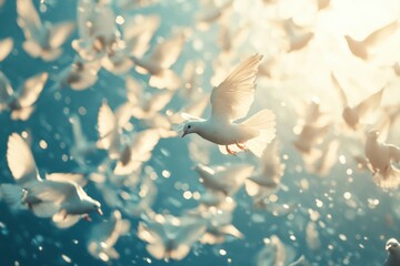 Poster - Doves soaring gracefully in the sunlight over a serene blue landscape during a tranquil morning. Generative AI