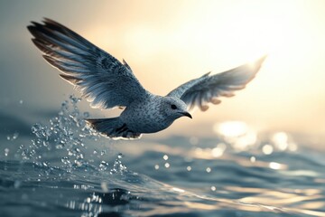 Poster - Seagull soaring gracefully above the shimmering ocean at dawn. Generative AI
