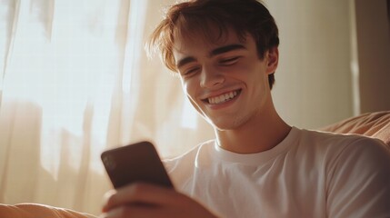 Cheerful young man reading messages on phone.