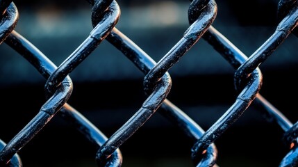 Close up of a chain link fence with a wet look. The chain link fence is made of metal and has a wet appearance