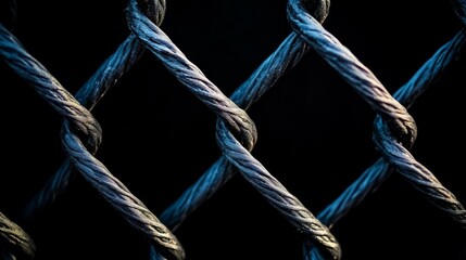 Poster - Close up of a chain link fence with a silver and blue wire. The fence is black and the wire is twisted and shiny