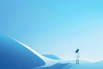 Poster - A serene figure in a flowing white garment stands on soft blue dunes under a vast sky