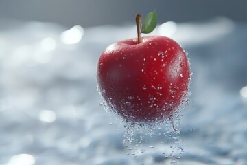 Poster - Refreshing red apple suspended above sparkling water droplets in a serene and dreamy setting. Generative AI