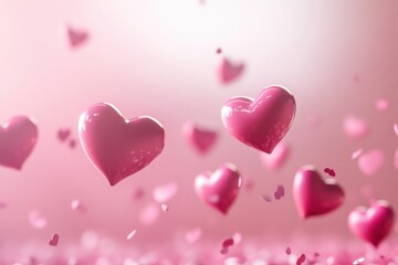 Poster - Floating hearts creating a whimsical atmosphere of love and joy in a dreamy pink environment. Generative AI