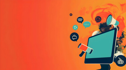 Poster - Vibrant digital illustration of a computer with communication icons on a colorful background