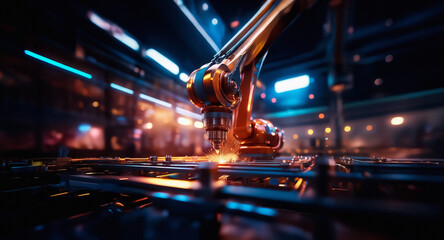 Poster - Orange robotic arm operates in a factory, creating sparks in a blurred industrial setting with blue and orange lights, showcasing automation.