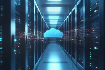 Poster - Network data flows smoothly through a futuristic server room highlighting cloud computing technology advancement. Generative AI