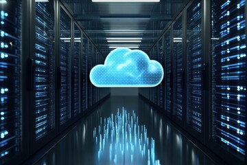 Poster - Exploring the gateway to digital futures with cloud technology illuminating a data center corridor at night. Generative AI