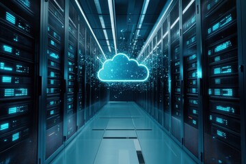 Poster - Digital transformation in a data center with a luminous cloud symbolizing cloud computing innovation. Generative AI
