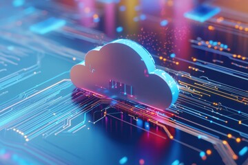 Fototapete - Digital cloud network shines brightly with vibrant colors and intricate circuitry in a futuristic tech landscape. Generative AI