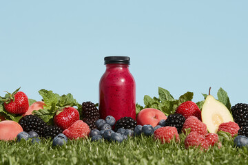 Berry Smoothie Bliss: A vibrant bottle of berry smoothie sits amidst a colorful array of fresh fruits and herbs, inviting health and refreshment. A vivid expression of natural goodness.