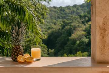 Wall Mural - Tropical Refreshment: A vibrant composition showcasing a pineapple, orange slices, and a glass of refreshing juice, set against the backdrop of a lush green forest, offering a taste of paradise.