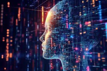 Poster - Exploring the intersection of technology and humanity with a digital silhouette illuminated by vibrant data streams. Generative AI