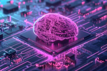 Poster - Neon brain design showcasing the fusion of technology and intelligence in an intricate digital landscape. Generative AI