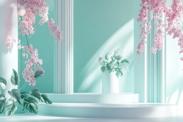 Poster - Serene elegance captured in a pastel-toned space adorned with delicate flowers and graceful columns. Generative AI