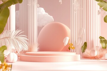 Poster - Charming pastel paradise with elegant columns, luscious plants, and soft curves at an artful exhibition space. Generative AI