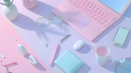 Poster - A pastel-themed workspace featuring a pink laptop, stationery, and decorative items on a soft surface