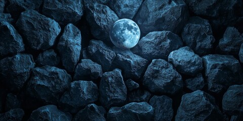 Wall Mural - Moonlit Serenity: A glowing, full moon rests gently upon a bed of textured rocks, a celestial dance in the heart of twilight. Witness the mystical tranquility, a silent symphony of light and shadow.