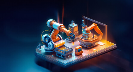 Aufkleber - Orange robotic arms work on a miniature illuminated industrial assembly line. Modern manufacturing and automation are visually represented.