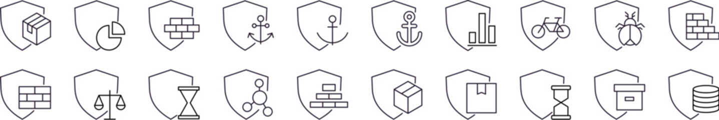 Wall Mural - collection of box, brick wall, anchor by shield related line icons. outline signs for graphic and we