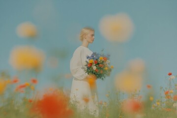 Wall Mural - Young woman in a flowing white dress surrounded by blooming flowers, embracing nature s beauty, expressing serenity and joy