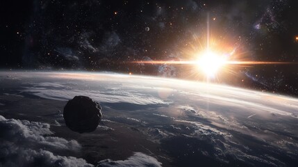 Wall Mural - Celestial Dance: An awe-inspiring cosmic panorama unfolds, as our planet, Earth, is juxtaposed against the backdrop of a star-studded expanse. A celestial body drifts gracefully.