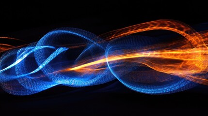 Poster - Abstract Blue and Orange Energy Waves, Digital Art,  Dynamic Light Trails, Glowing Nebula,  Cosmic Flow