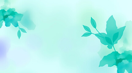Poster - Soft aqua background featuring green leaves and floral shapes in a peaceful setting. Generative AI