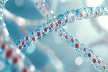 Poster - Intricate structures of molecular chains showcasing the beauty of science and discovery in a vibrant blue environment. Generative AI