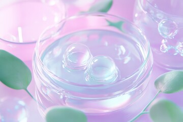 Poster - Delicate bubbles float in a serene glass dish surrounded by soft pastel hues and gentle plant accents. Generative AI
