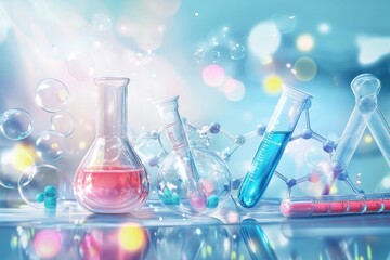 Poster - Colorful laboratory setup with test tubes and flasks showcasing chemical reactions in a bright atmosphere. Generative AI