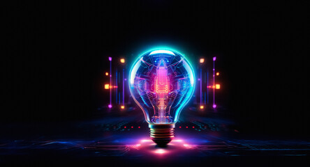 Aufkleber - Neon lightbulb with abstract colorful patterns glows in the dark. Futuristic and vibrant design. It represents innovation and bright ideas.