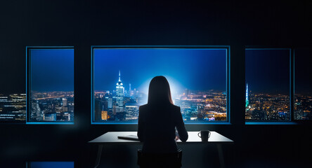 Aufkleber - A woman gazes at a vibrant cityscape at night through large office windows.  The city lights twinkle against the dark sky, creating a stunning view from her desk. A sense of ambition and calm pervades