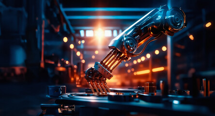Aufkleber - A metallic robotic arm is shown in a dimly lit industrial setting.  Orange light emphasizes the precision machinery and automation within a manufacturing environment.