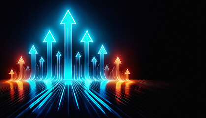 Aufkleber - Vibrant blue and orange arrows rise dynamically from a reflective dark surface.  Illuminated lines emphasize upward movement and growth in a modern, futuristic style.