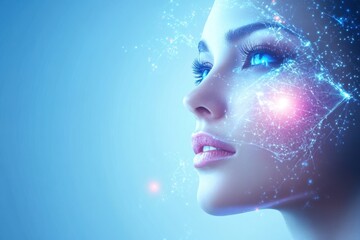 Poster - Ethereal beauty with digital elements illuminating a serene face in a futuristic setting during twilight. Generative AI