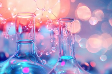 colorful chemistry lab experiment with glass flasks and molecular model in vibrant illumination at n