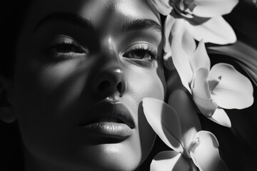 Poster - Woman's serene expression framed by delicate white orchids in dramatic black and white lighting. Generative AI