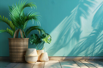 Poster - Lush indoor plants in decorative baskets against a vibrant turquoise wall with soft shadows