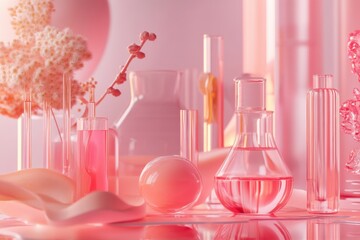 Poster - Elegant glassware and delicate florals create a serene atmosphere with soft pink hues in a tranquil setting. Generative AI